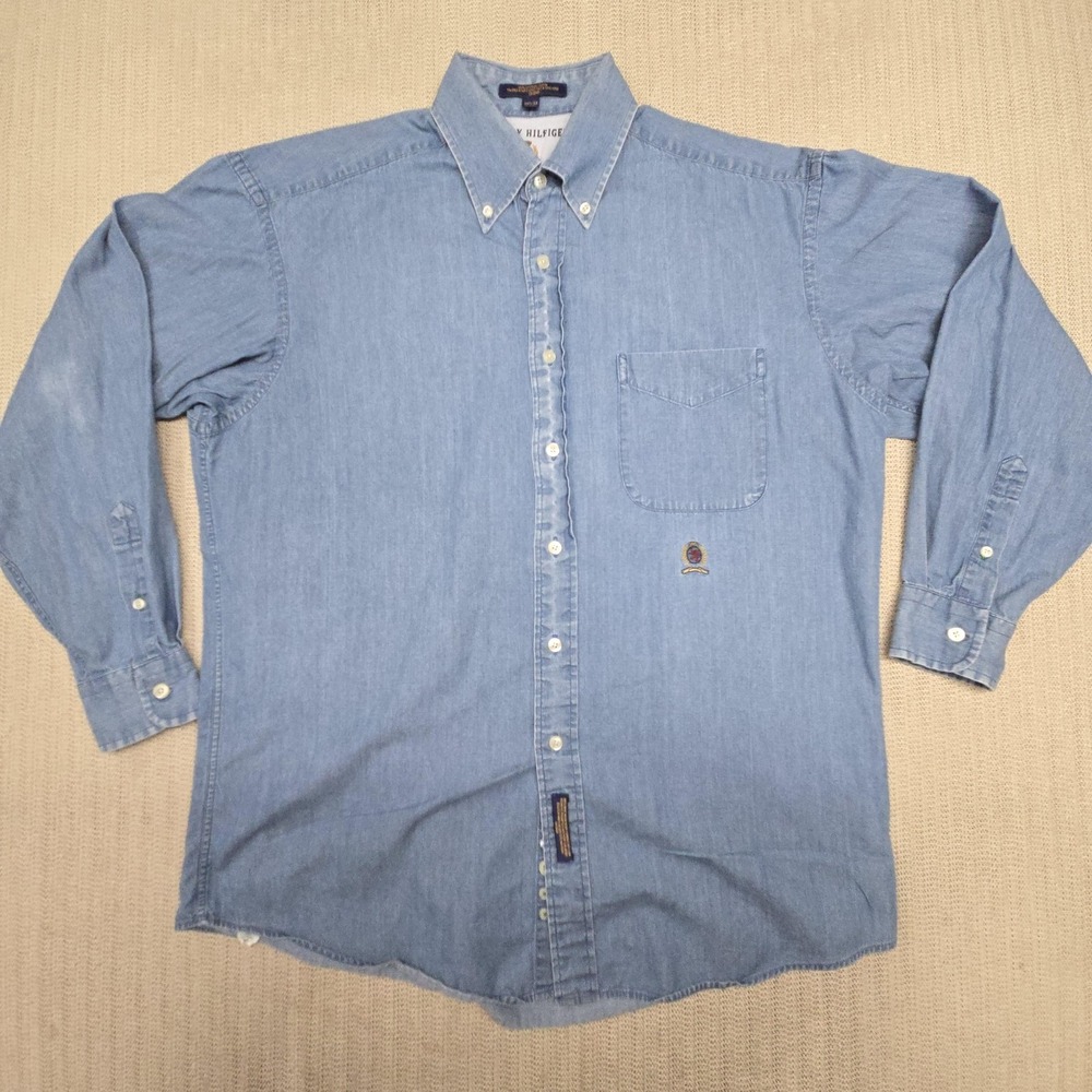 Vintage Tommy Hilfiger Shirt Mens Medium Denim Chambray Button Up Hong Kong 90s